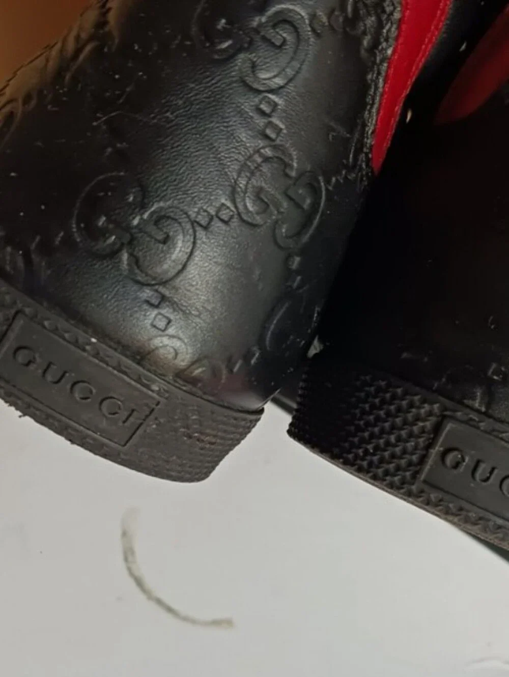 Gucci GG Black Leather High-Top Sneakers with Red Accent, Size 7